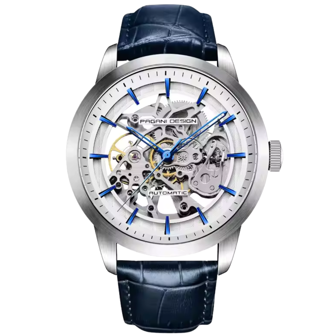 Luxury men's automatic skeleton watch with blue leather strap and silver open dial