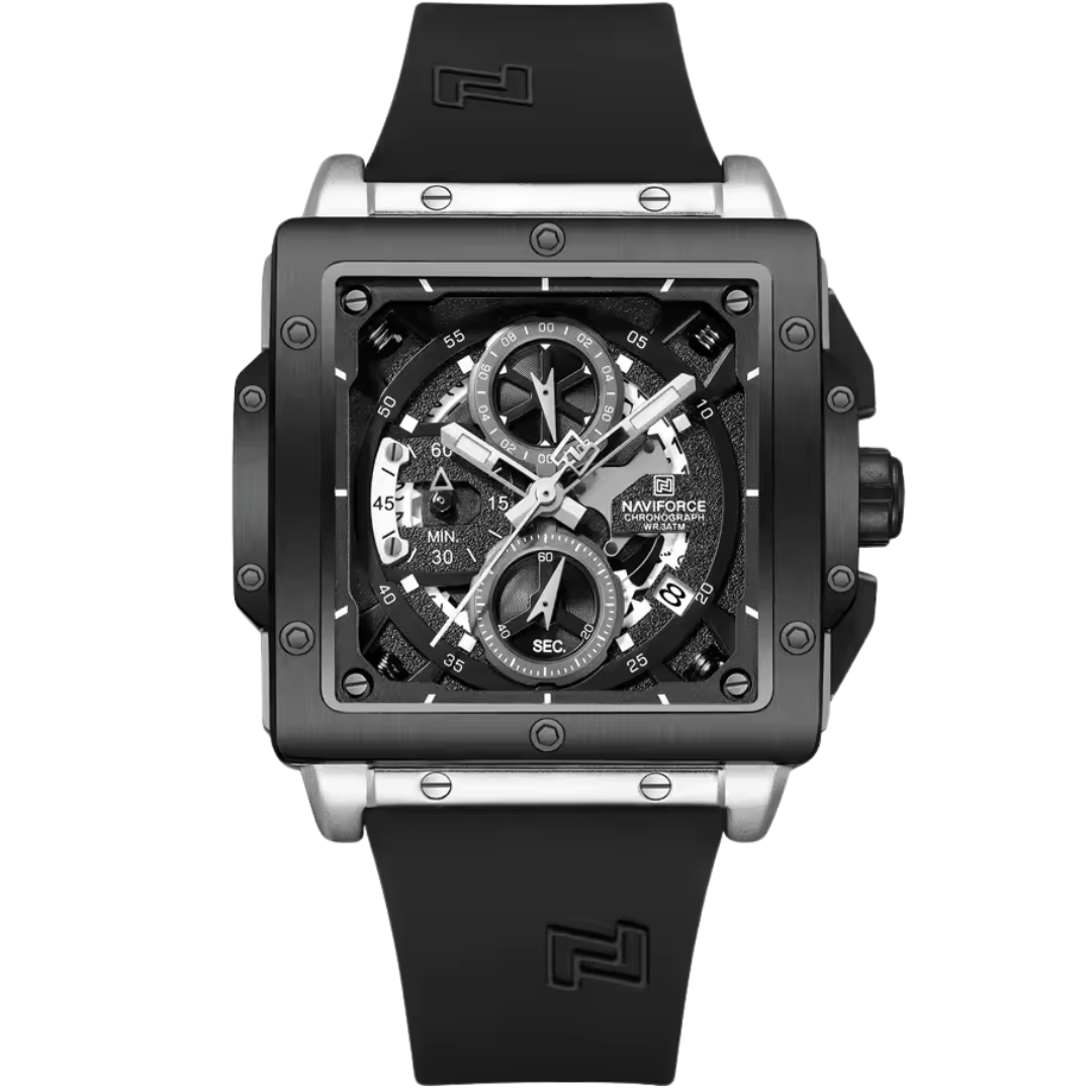 Black square chronograph watch for men with dual-tone bezel and tactical sub-dials – Dapper Watches.