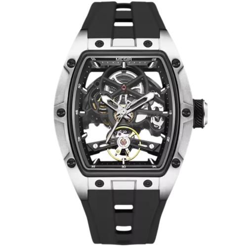 Silver Black skeleton watch for men with exposed gears and sporty rubber strap – Dapper Watches