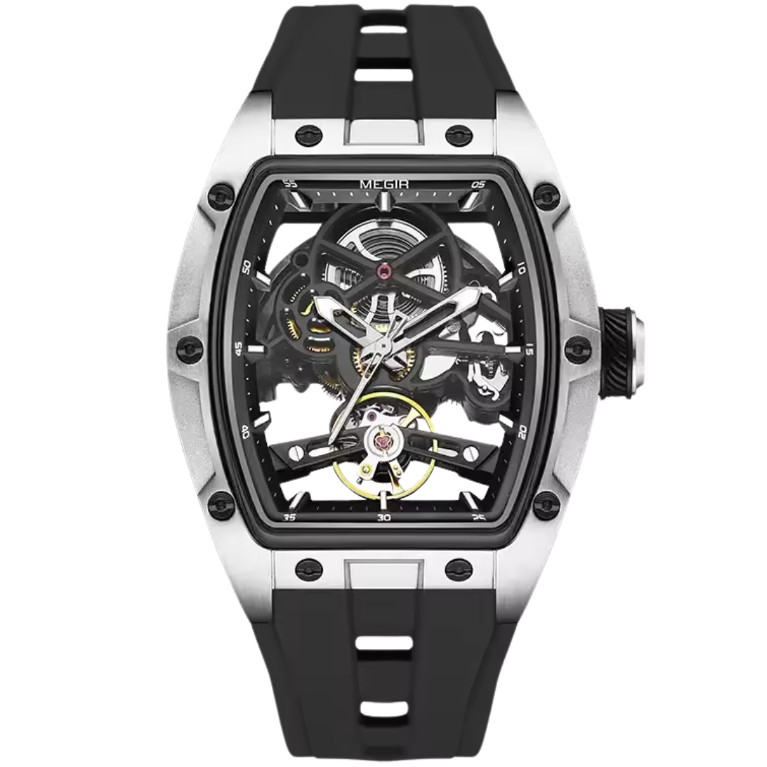 Silver Black skeleton watch for men with exposed gears and sporty rubber strap – Dapper Watches