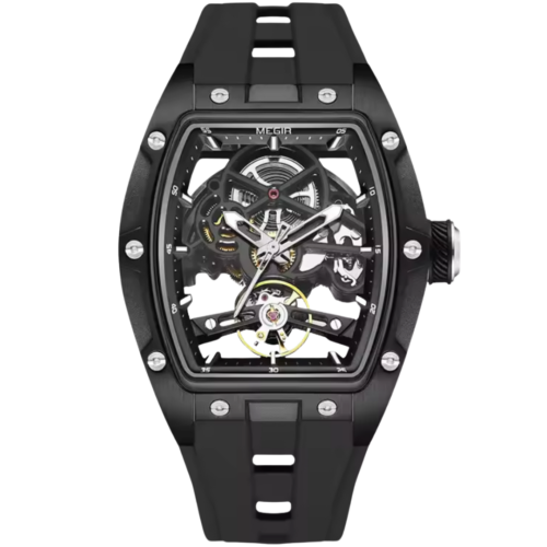black-skeleton-watch-men-mechanical-open-face-watch Black skeleton watch for men with exposed gear architecture and rubber strap available on Dapper Watches.