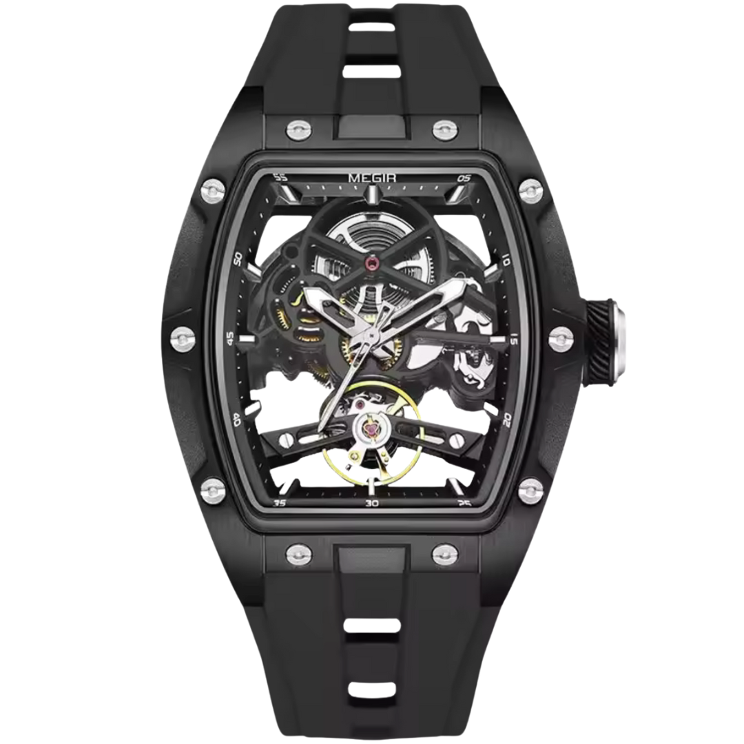 Black skeleton watch for men with exposed gear architecture and rubber strap available on Dapper Watches.