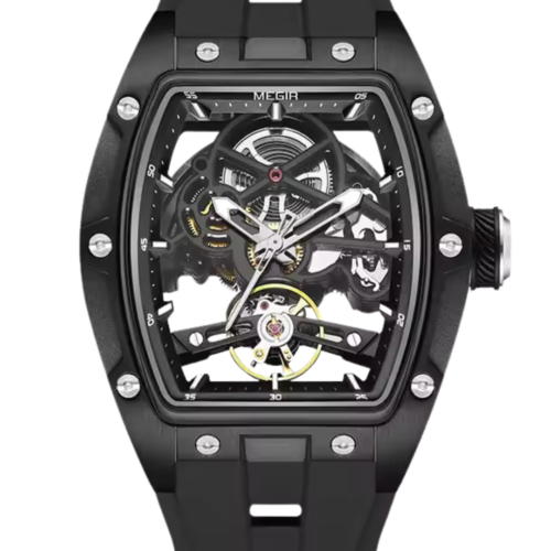 Black skeleton watch for men with exposed gear architecture and rubber strap available on Dapper Watches