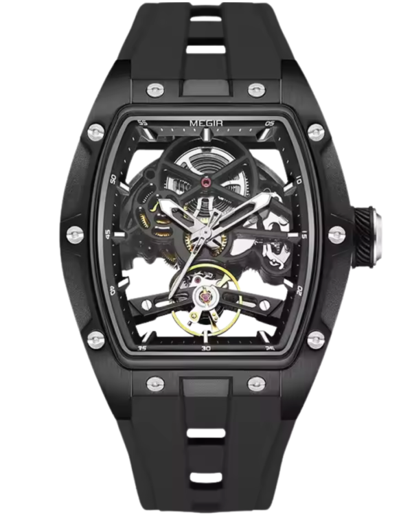 Black skeleton watch for men with exposed gear architecture and rubber strap available on Dapper Watches