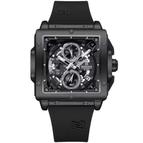 Black square chronograph watch for men with steel bezel and tactical deep-tone dial at Dapper Watches