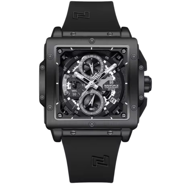 Black square chronograph watch for men with steel bezel and tactical deep-tone dial at Dapper Watches