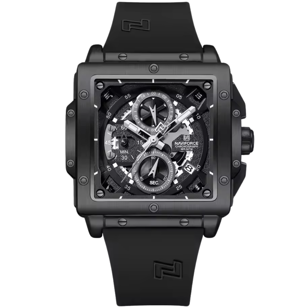 Black square chronograph watch for men with steel bezel and tactical deep-tone dial at Dapper Watches
