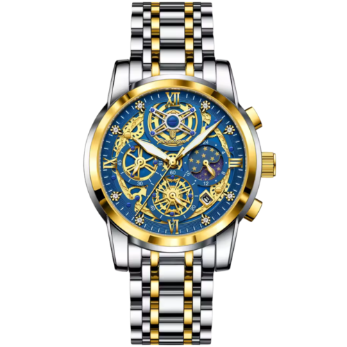 Blue and gold astronomical watch for men with starry subdial and skeleton movement at Dapper Watches