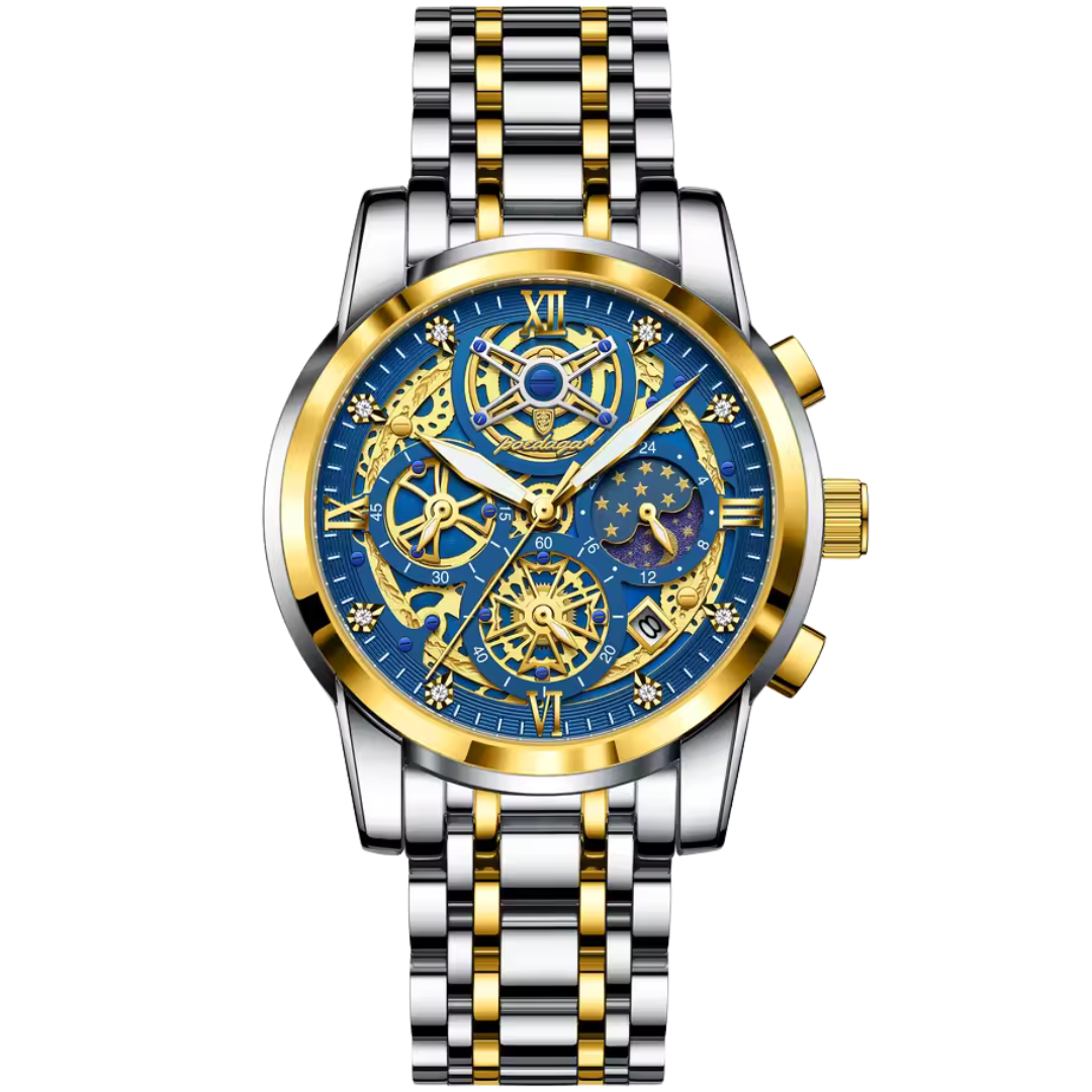 Blue and gold astronomical watch for men with starry subdial and skeleton movement at Dapper Watches