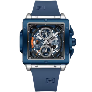 Blue chronograph square watch for men with metallic frame and flame-orange detailing at Dapper Watches