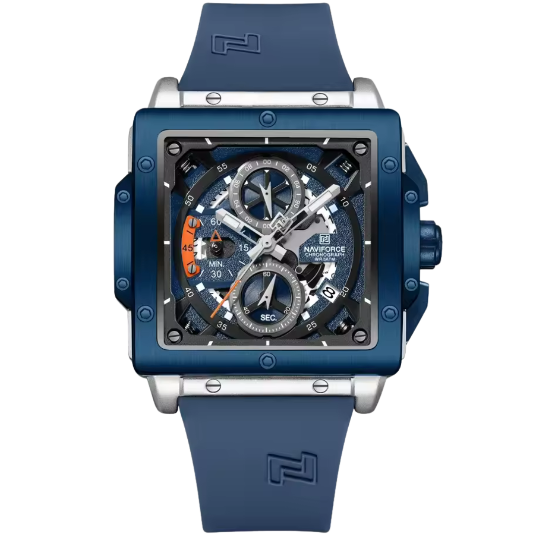 Blue chronograph square watch for men with metallic frame and flame-orange detailing at Dapper Watches