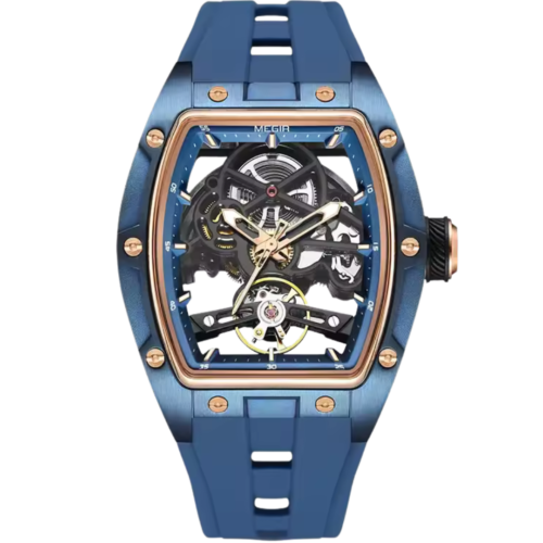 Blue skeleton watch for men with molten ember alloy accents and exposed mechanical core – Dapper Watches