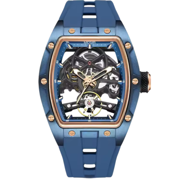 Blue skeleton watch for men with molten ember alloy accents and exposed mechanical core – Dapper Watches