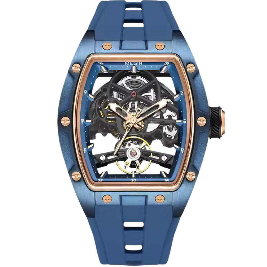 Blue skeleton watch for men with molten ember alloy accents and exposed mechanical core – Dapper Watches