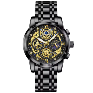 Black and gold celestial skeleton watch for men with astronomic dial available on Dapper Watches