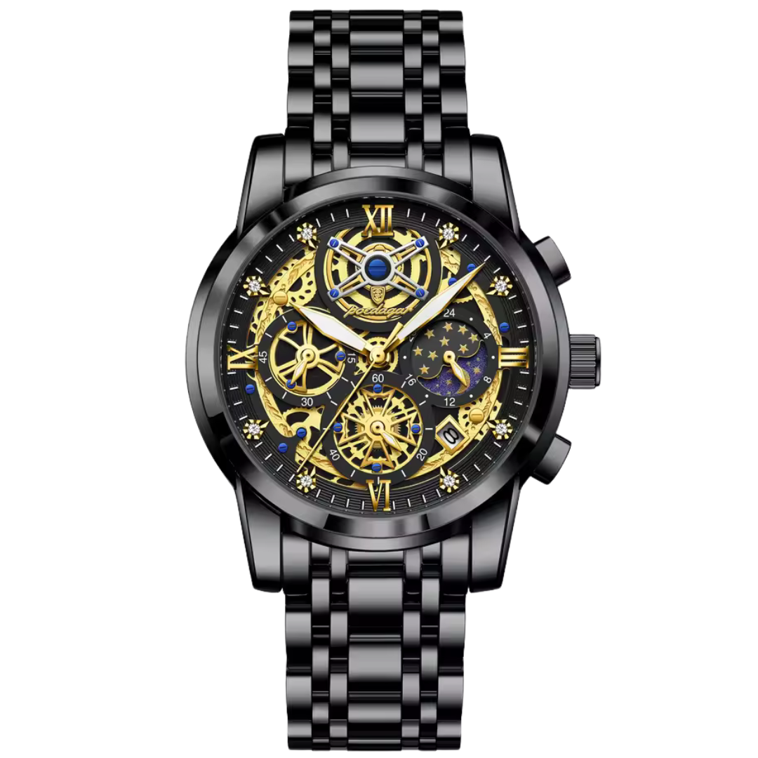 Black and gold celestial skeleton watch for men with astronomic dial available on Dapper Watches
