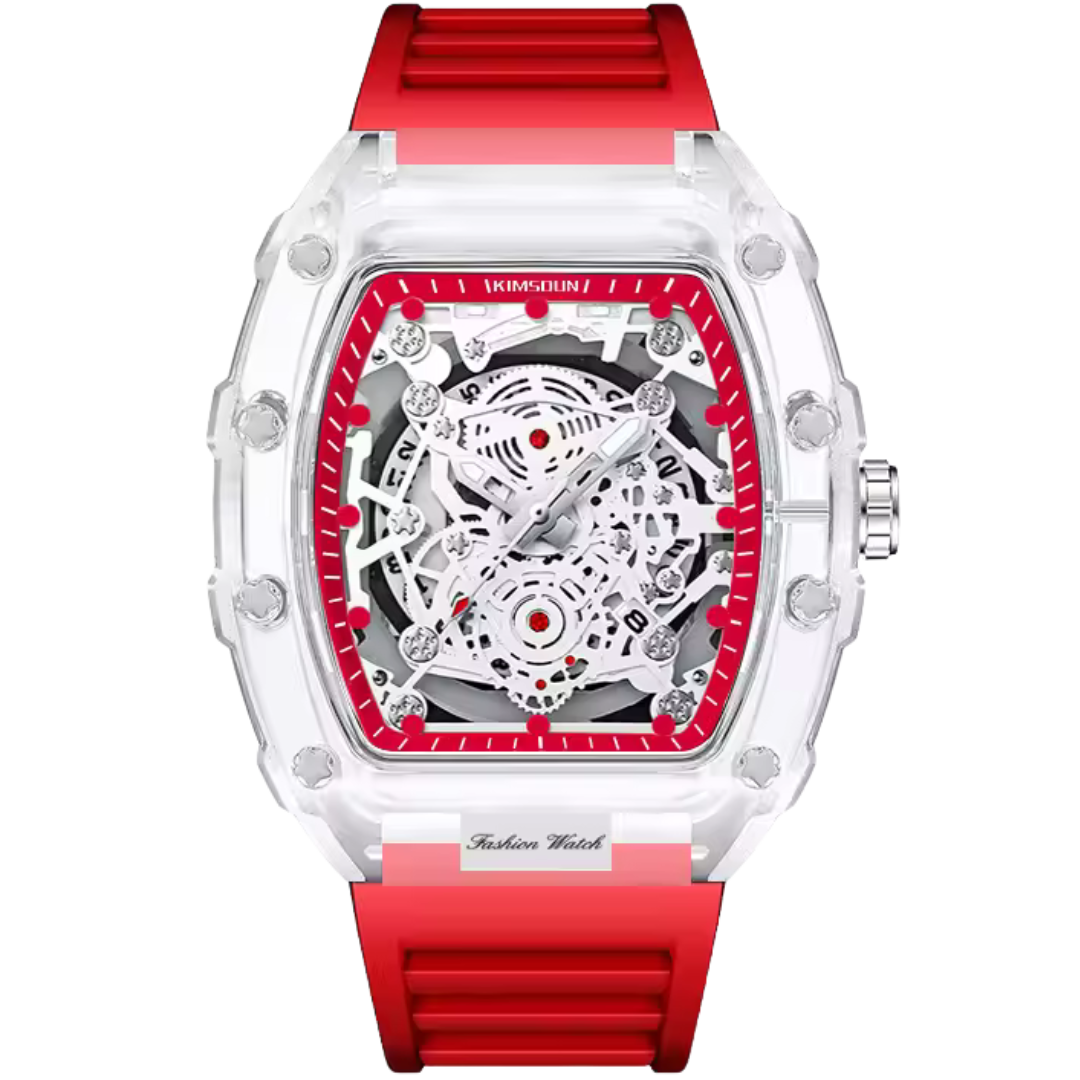 Crystal case red skeleton watch for men with exposed matrix dial and rubber strap available on Dapper Watches