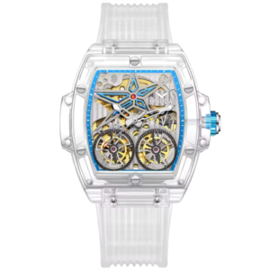 Crystal skeleton watch for men with dual gear dial, blue accents, and transparent strap available on Dapper Watches