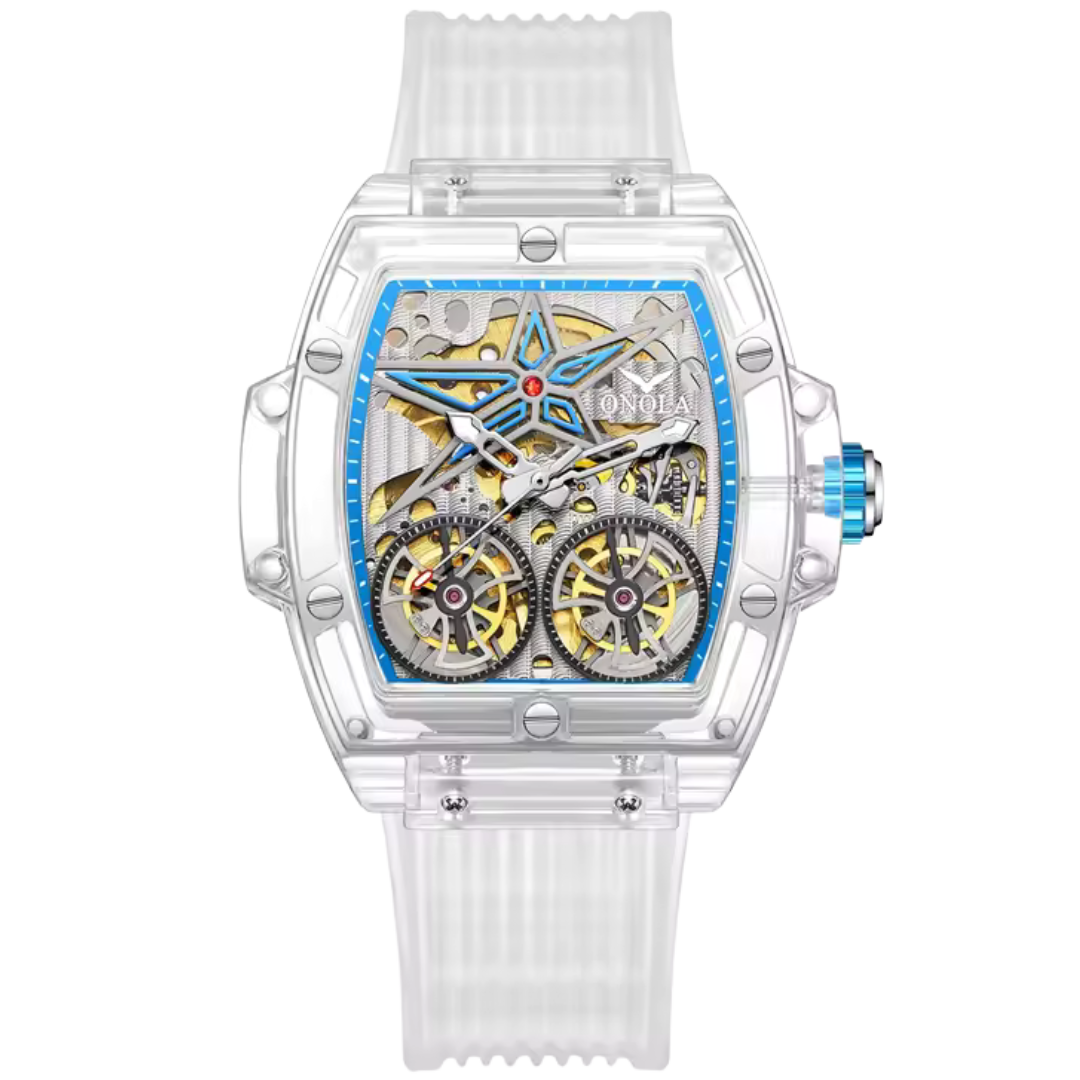 Crystal skeleton watch for men with dual gear dial, blue accents, and transparent strap available on Dapper Watches