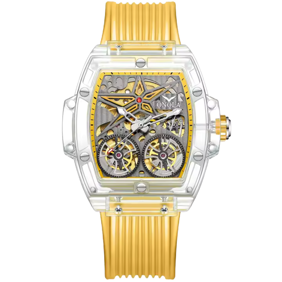 Crystal case skeleton watch for men with gold-toned gears and yellow strap available on Dapper Watches