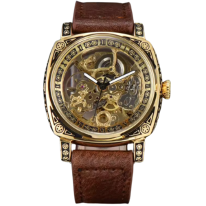 Engraved gold skeleton watch for men with mechanical dial and brown leather strap