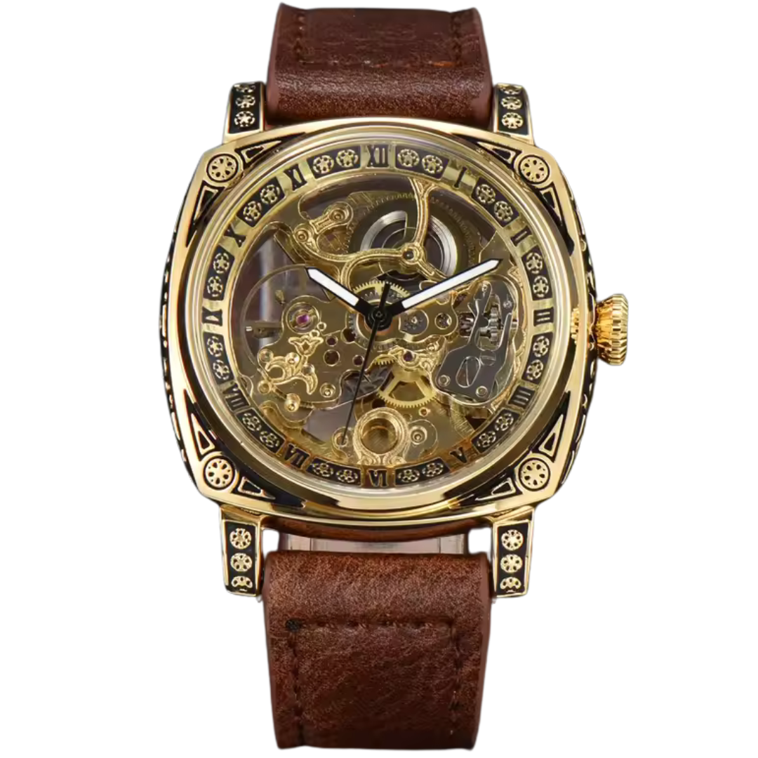 Engraved gold skeleton watch for men with mechanical dial and brown leather strap