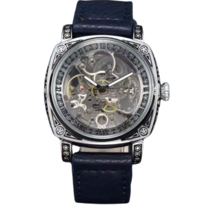 Engraved silver skeleton dial watch with navy leather strap for men