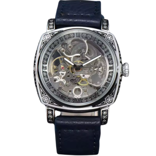 Engraved silver skeleton dial watch with navy leather strap for men