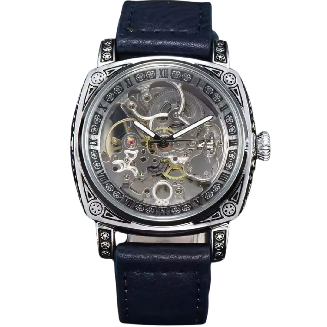 Engraved silver skeleton dial watch with navy leather strap for men