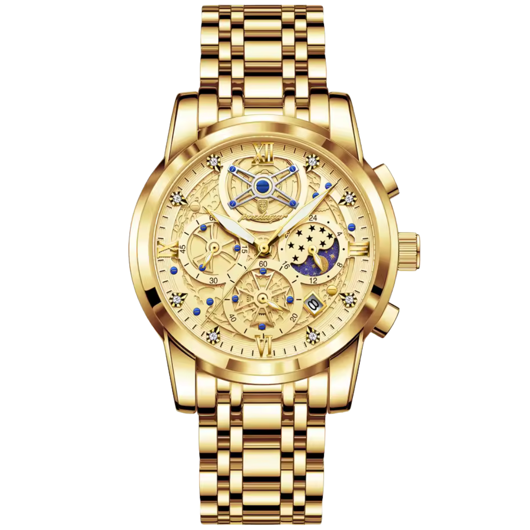 Full gold moonphase chronograph watch for men with celestial dial available on Dapper Watches