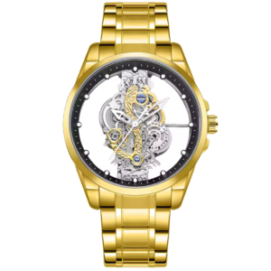 Gold skeleton watch for men with metallic strap and exposed dial by Dapper Watches