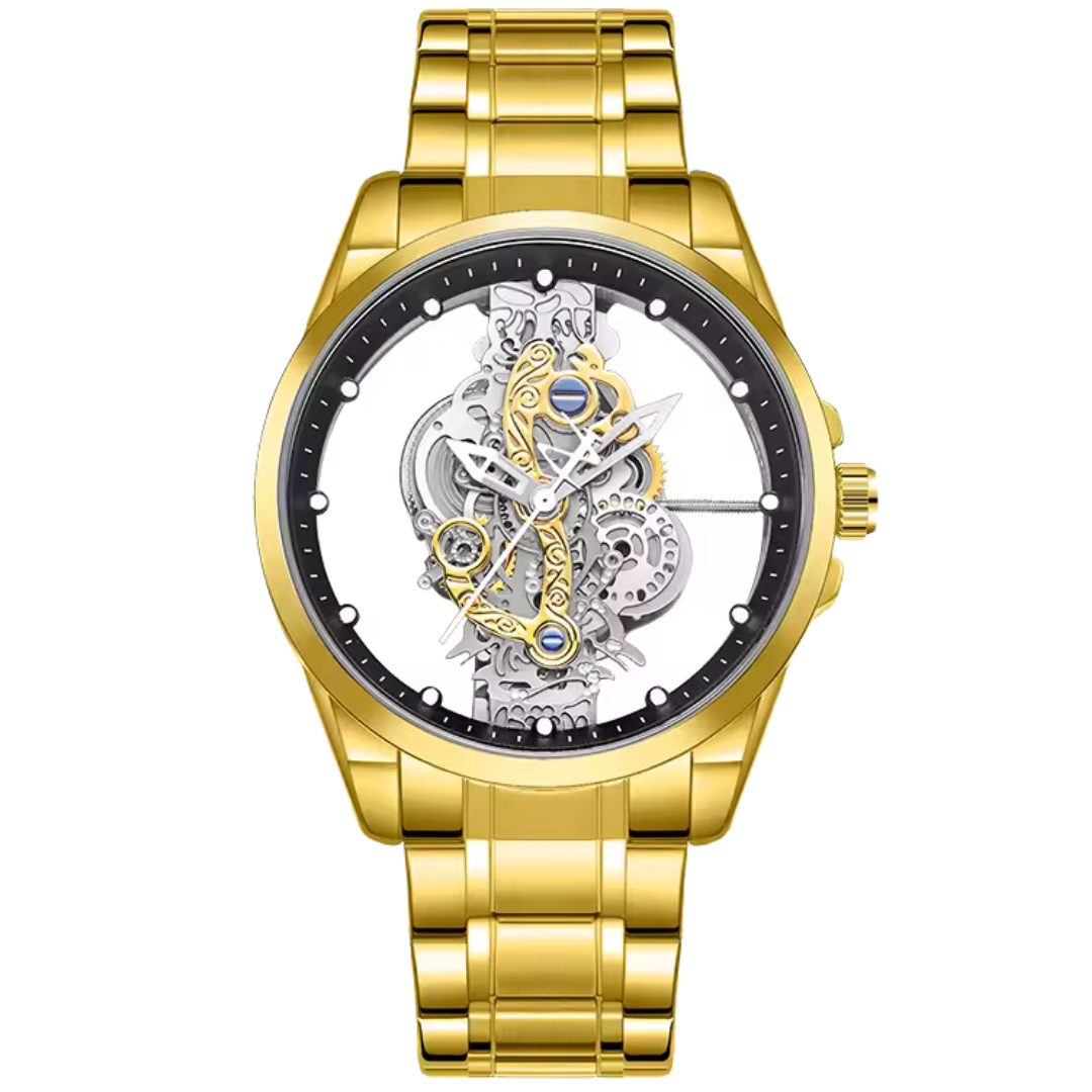 Gold skeleton watch for men with metallic strap and exposed dial by Dapper Watches