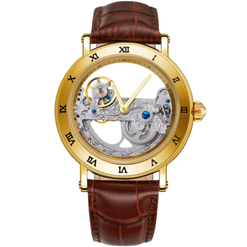 Chestoro Arc Vault gold skeleton watch for men with open dial and brown leather strap