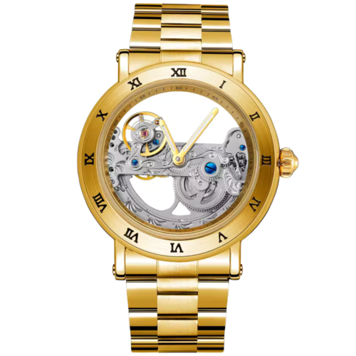 Aurum Arc Vault gold skeleton watch for men with exposed movement and roman numeral bezel.