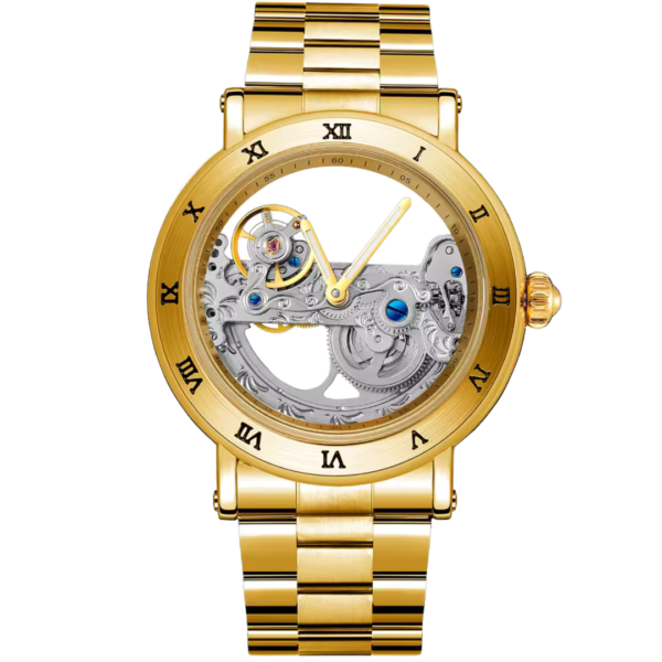 Aurum Arc Vault gold skeleton watch for men with exposed movement and roman numeral bezel