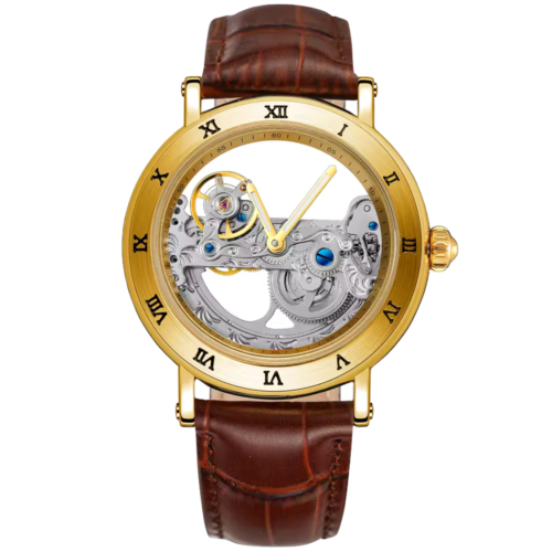 Chestoro Arc Vault gold skeleton watch for men with open dial and brown leather strap.