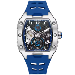 Men’s luxury automatic watch with silver case, blue accents, and skeleton dial on a sporty blue silicone strap