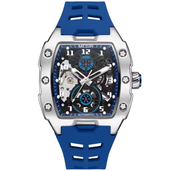 Luxury Automatic Skeleton Watch – Blue Strap, Silver Case, Openwork Dial Men’s luxury automatic watch with silver case, blue accents, and skeleton dial on a sporty blue silicone strap