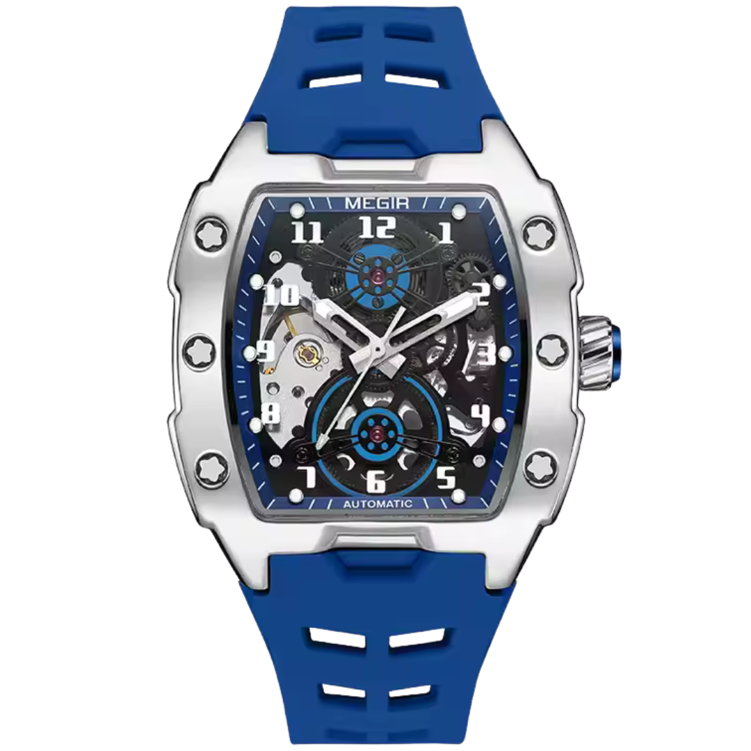 Men’s luxury automatic watch with silver case, blue accents, and skeleton dial on a sporty blue silicone strap