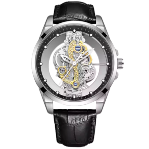 Luxury skeleton watch with black leather strap for men