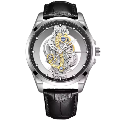 Luxury skeleton watch with black leather strap for men