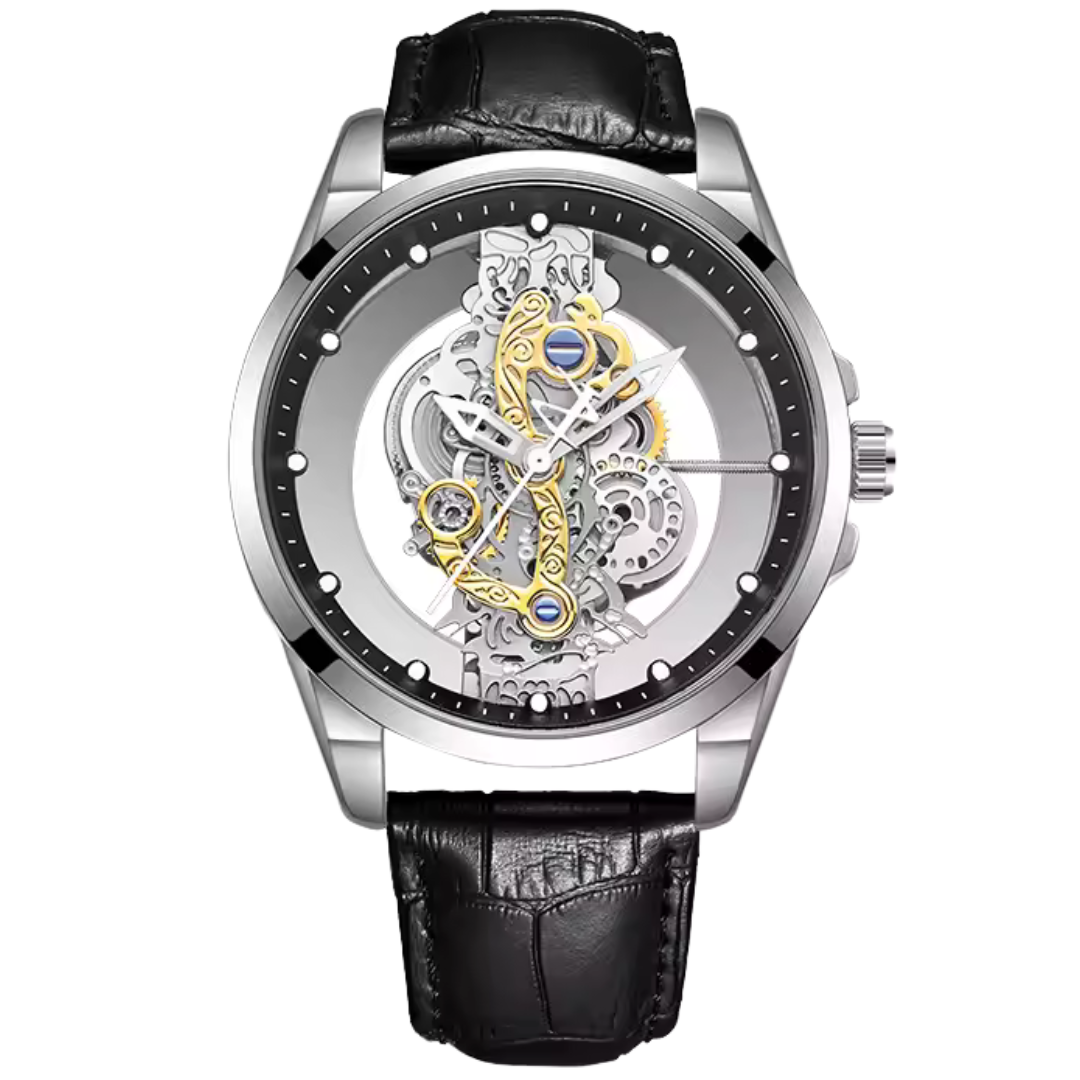 Luxury skeleton watch with black leather strap for men