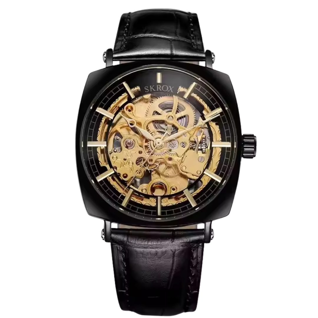 Guilded Matrix black and gold skeleton watch with leather strap