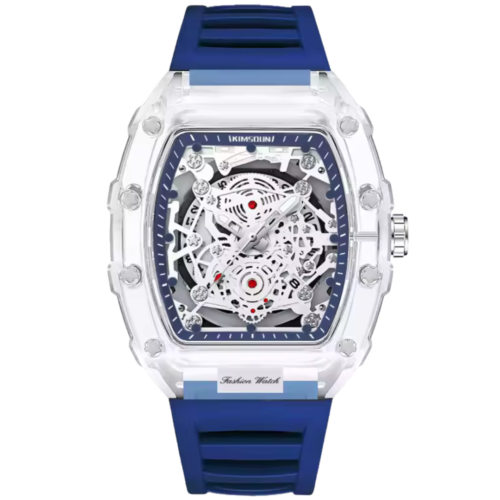Men's crystal case skeleton watch with blue strap and futuristic automatic movement