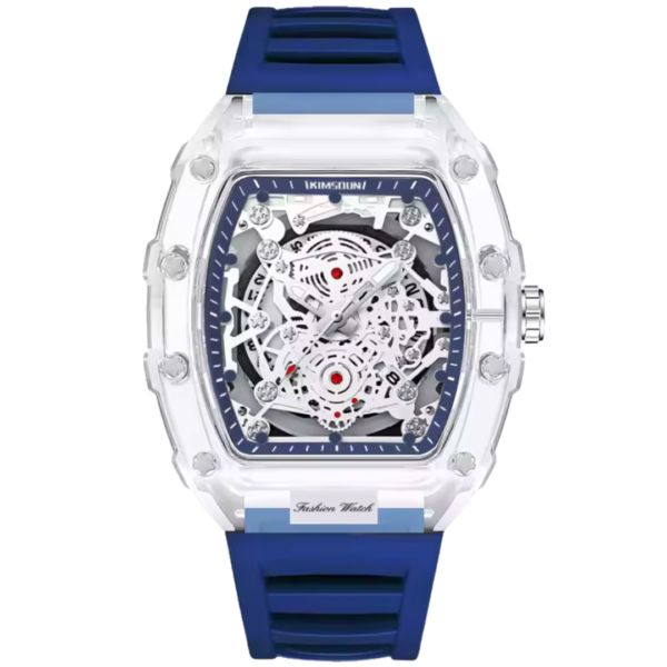 Men's crystal case skeleton watch with blue strap and futuristic automatic movement