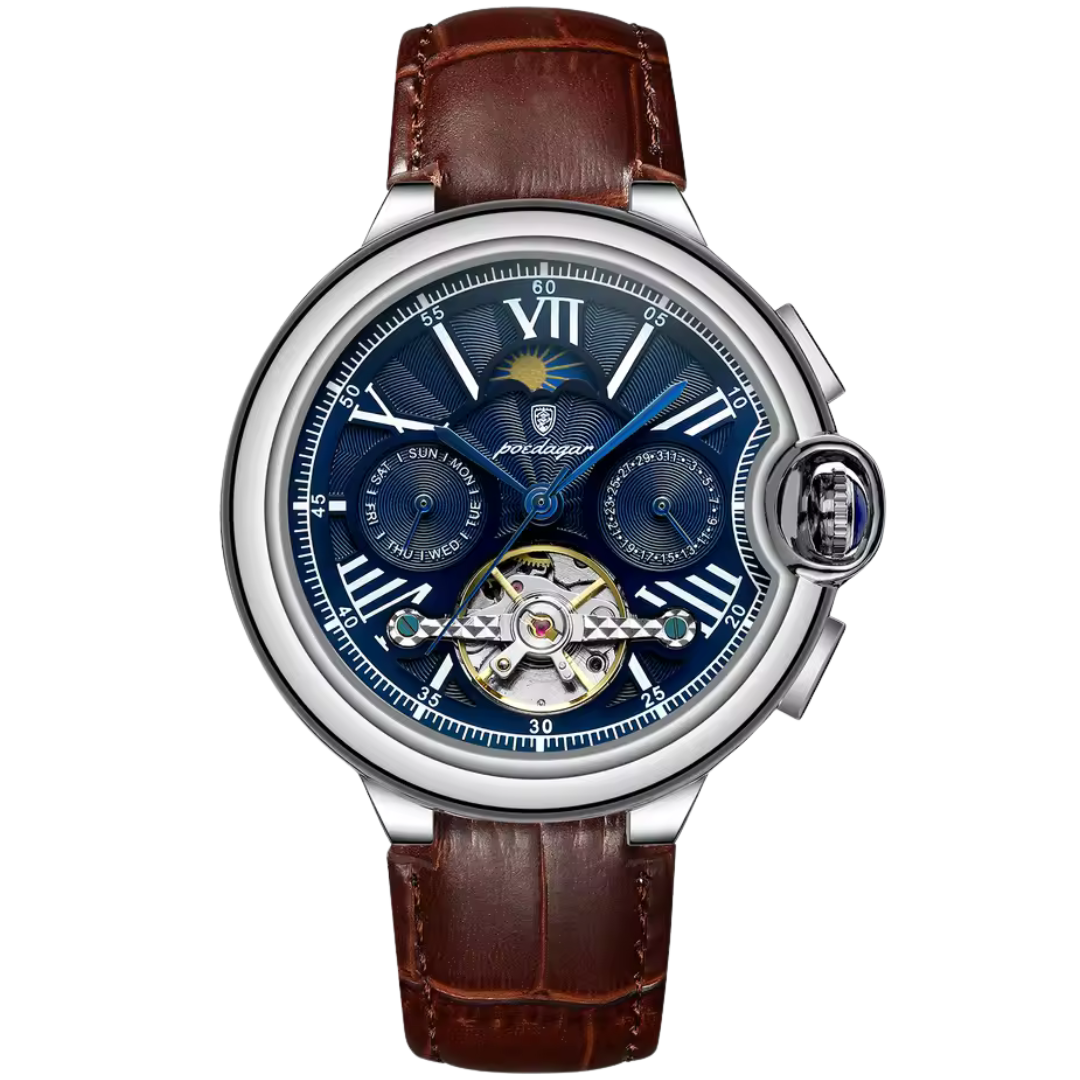 Moonphase open-heart watch for men with blue dial and leather strap available on Dapper Watches.