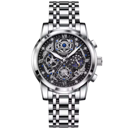 Black celestial skeleton watch for men with silver detailing and cosmic starry subdial at Dapper Watches