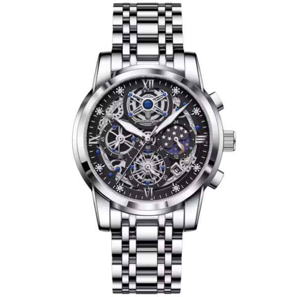 Black celestial skeleton watch for men with silver detailing and cosmic starry subdial at Dapper Watches