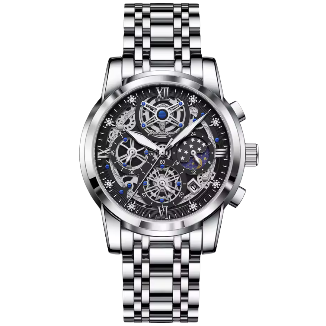 Black celestial skeleton watch for men with silver detailing and cosmic starry subdial at Dapper Watches