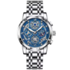 Silver astronomical skeleton watch for men with blue celestial dial and starry subdial at Dapper Watches
